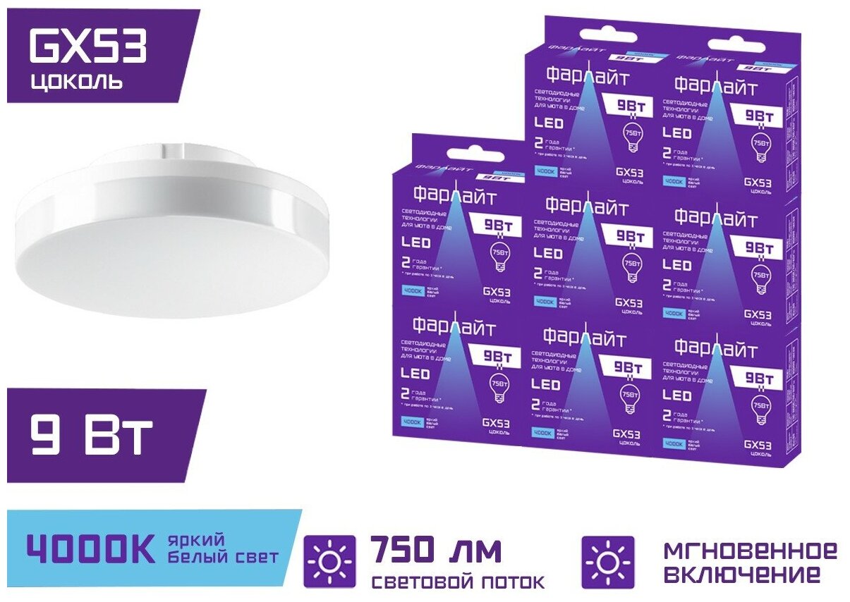 Лампочка светодиодная GX53 9 Вт 4000 К GX53 Фарлайт / Комплект 8 шт.