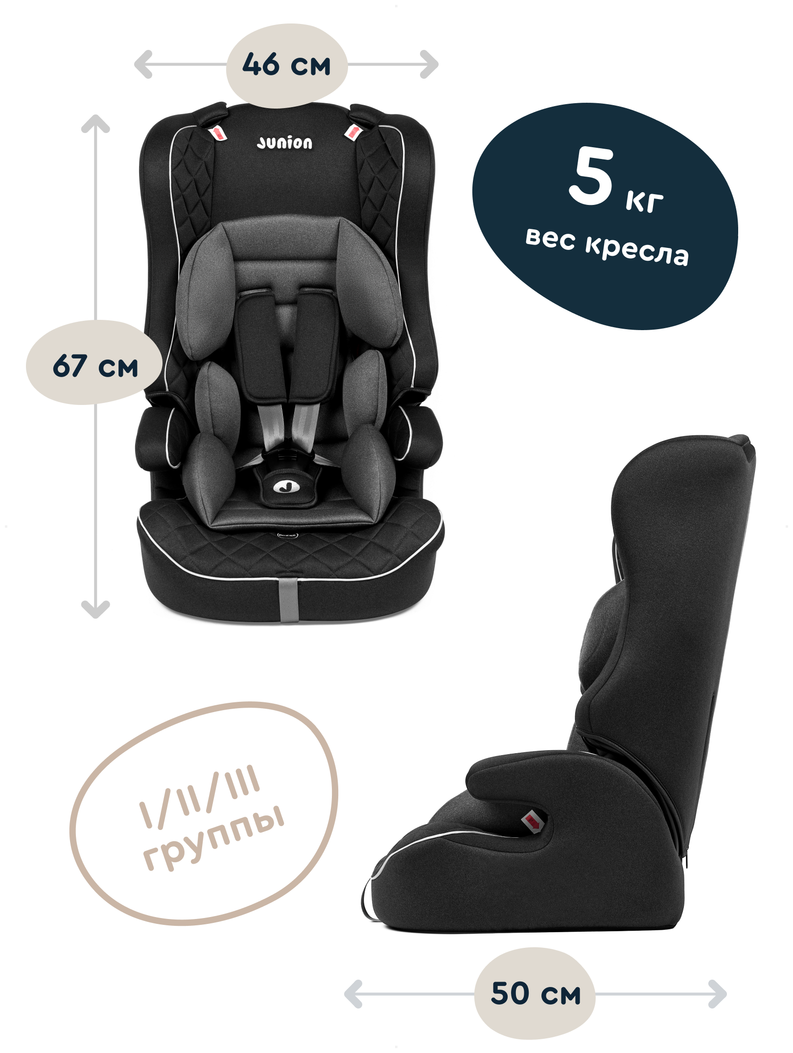 Автокресло JUNION Dino группа 1/2/3 (9-36 кг), чёрный