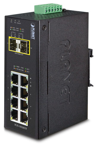 Промышленный коммутатор PLANET IGS-1020TF IP30 Industrial 8-Port 10/100/1000T + 2-Port 100/1000X SFP Ethernet Switch (-40~75 degrees C)