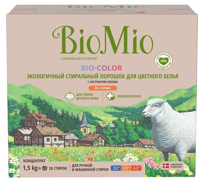 Стиральный порошок BioMio BIO-COLOR с экстрактом хлопка, 1.5 кг, 1.5 л, без отдушки, хлопок, для цветных тканей, для детского белья