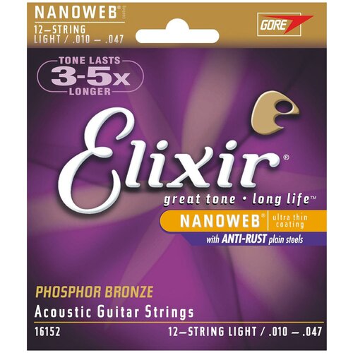 16152 NANOWEB Комплект струн для 12-струнной акустической гитары, Light, фосф. бронза, 10-47, Elixir струны для 12 струнной акустической гитары elixir 11152 nanoweb 10 47