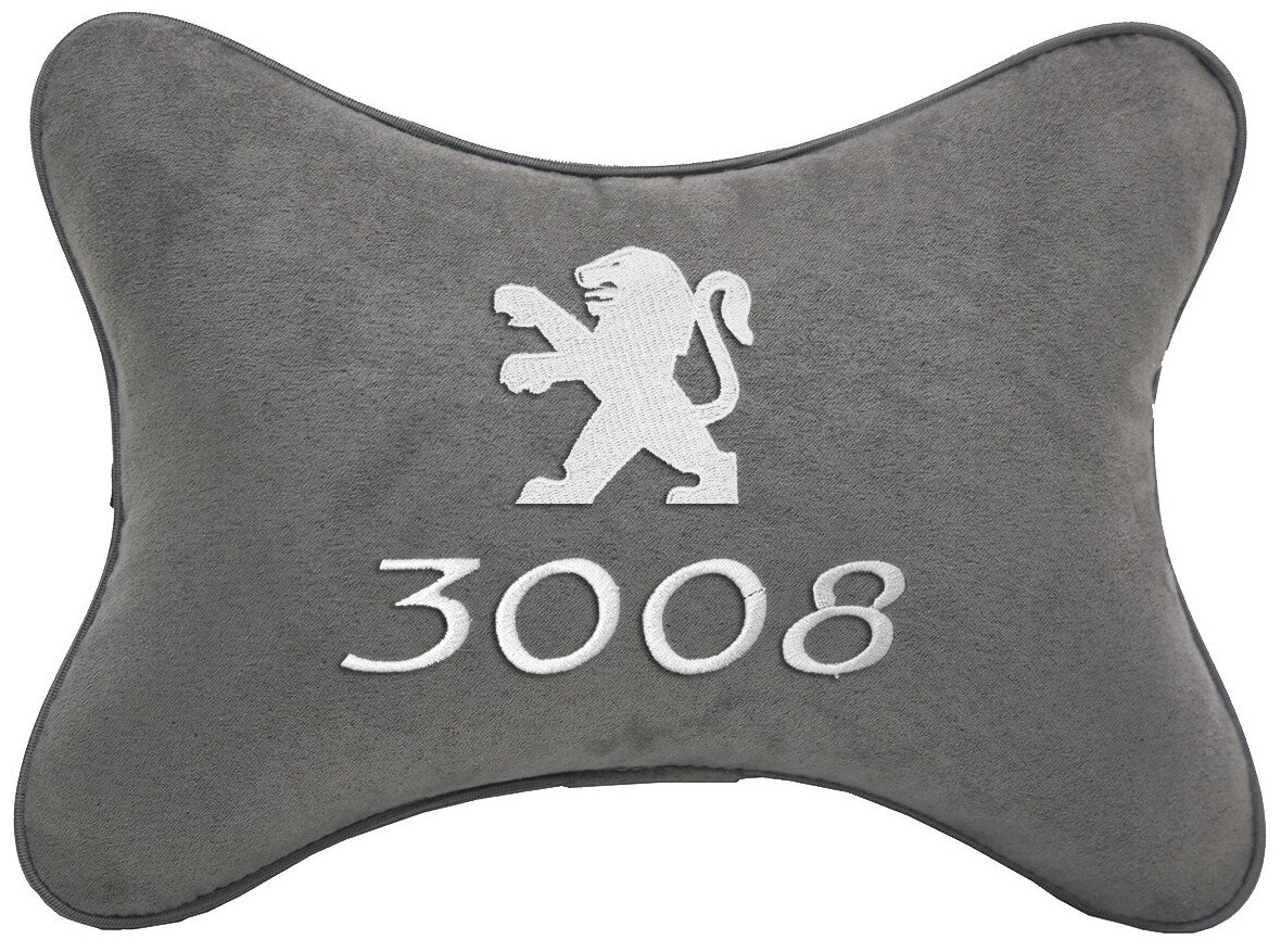 Автомобильная подушка на подголовник алькантара L.Grey c логотипом автомобиля PEUGEOT 3008