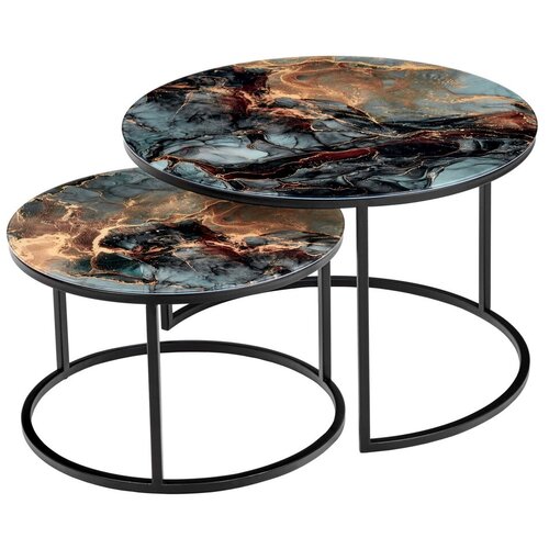Комплект столиков Tango чёрный мрамор с чёр. нож. 2шт / Кофейный столик / Журнальный столик / Прикроватный столик / Придиванный столик / Стол круглый