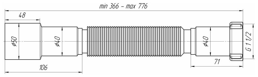Сифон для кухонной мойки АНИ пласт K106, гофрированный без выпуска, 1 1/2"х40/50 мм. L 366-776 мм - фотография № 10
