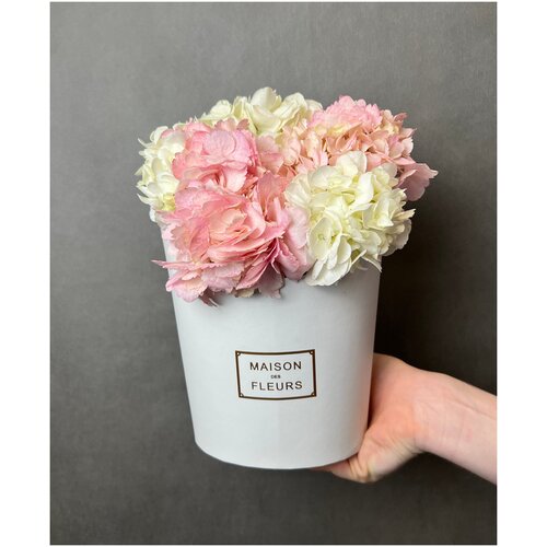 Композиция, цветы в белой коробке MAX с белой и розовой гортензией