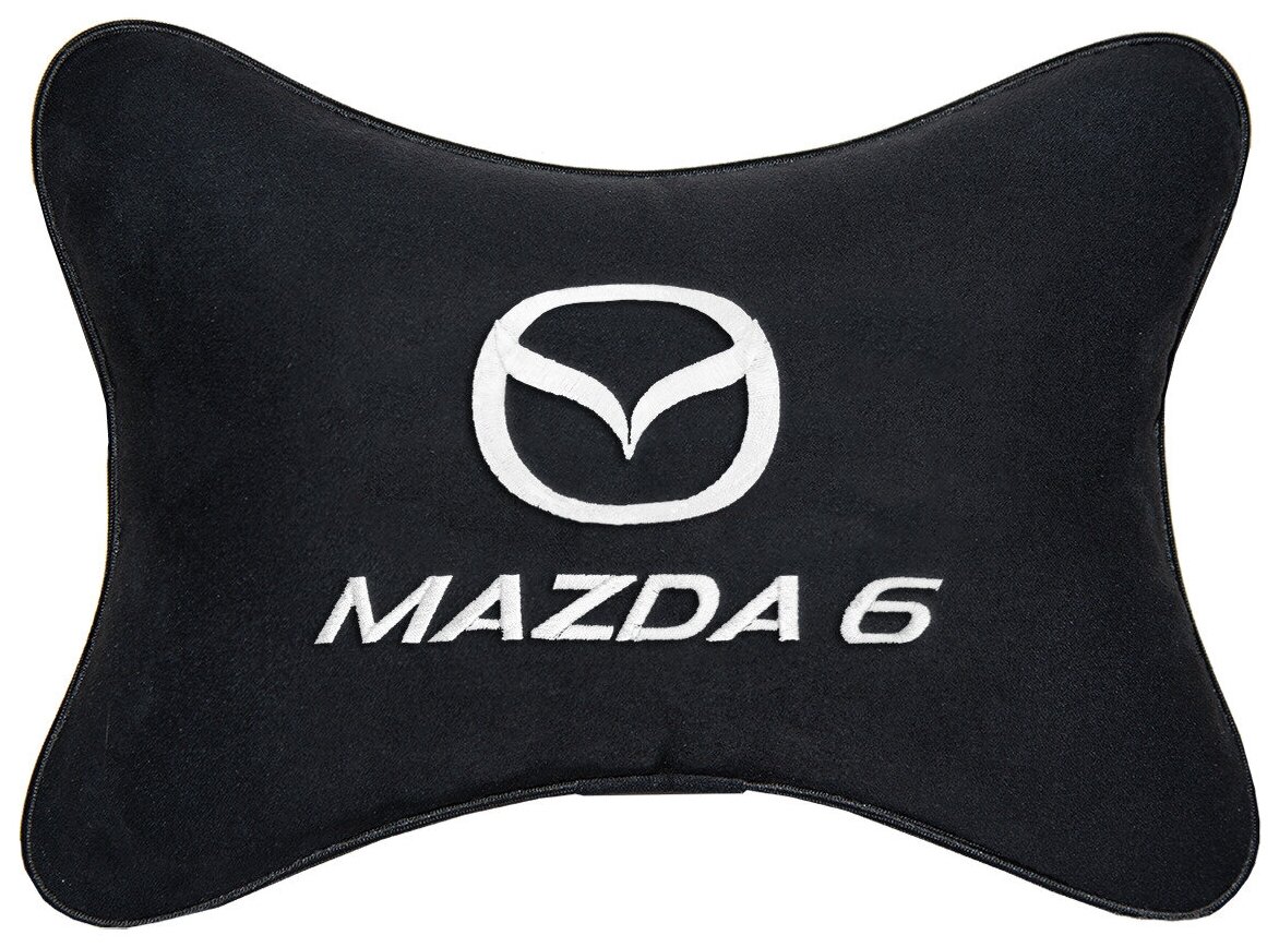 Автомобильная подушка на подголовник алькантара Black c логотипом автомобиля MAZDA 6