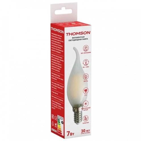 Лампа светодиодная филаментная Thomson E14 7W 4500K свеча на ветру матовая TH-B2140