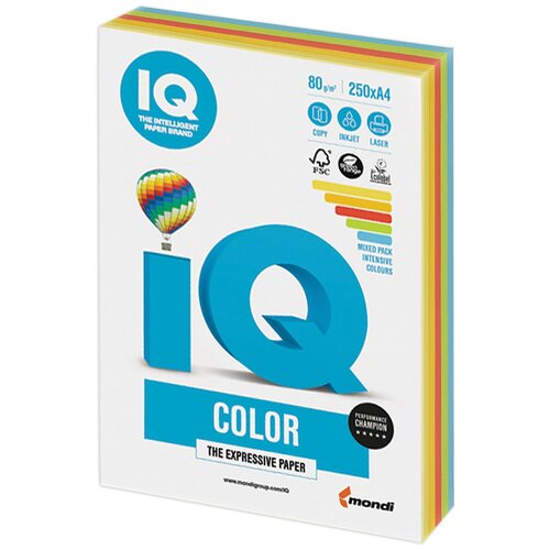 Бумага цветная IQ color, А4, 80 г/м2, 250 л, (5 цветов x 50 листов), микс интенсив, RB02