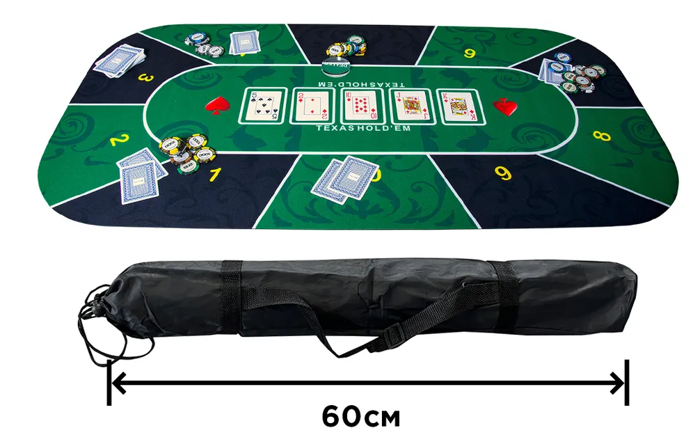 Зеленое сукно универсального размера для игры в покер большой компанией 120х60 см, свернуто в рулон в водонепроницаемой сумке