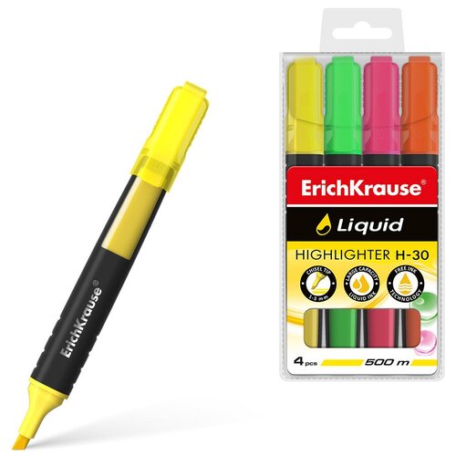 ErichKrause Набор текстмаркеров Liquid H-30 4 цв. 4 шт. 47977 цвет чернил желтый, зеленый, розовый, оранжевый