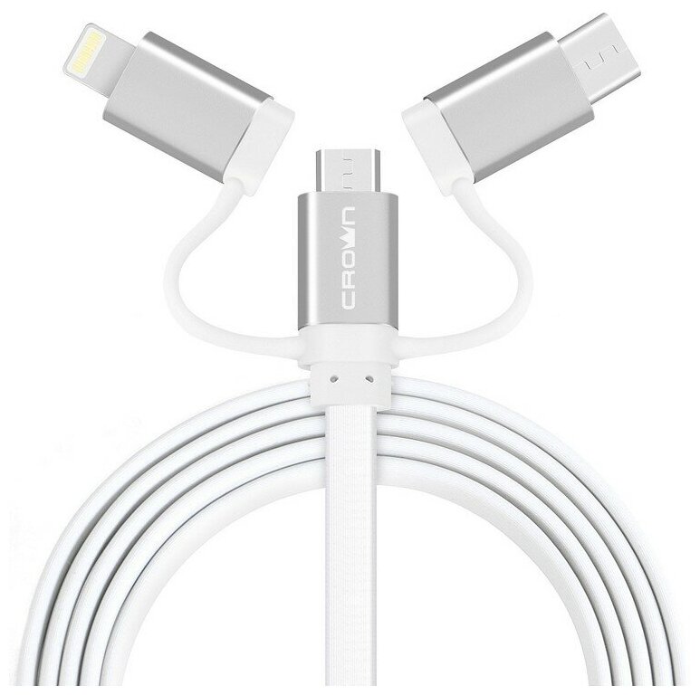 Кабель USB 2.0 A - micro USB 5pin (m-m) + Lightning +Type-C 1м 2А плоский ПВХ белый Crown CMCU-3182 white коробка