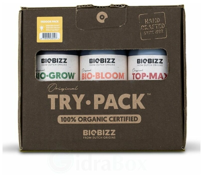 Комплект удобрений BioBizz Try Pack Indoor (Bio-Grow + Bio-Bloom + Top-Max) 3шт по 250мл - фотография № 1