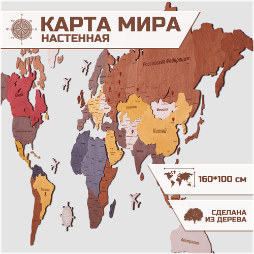 Карта мира деревянная двухуровневая 160х100см