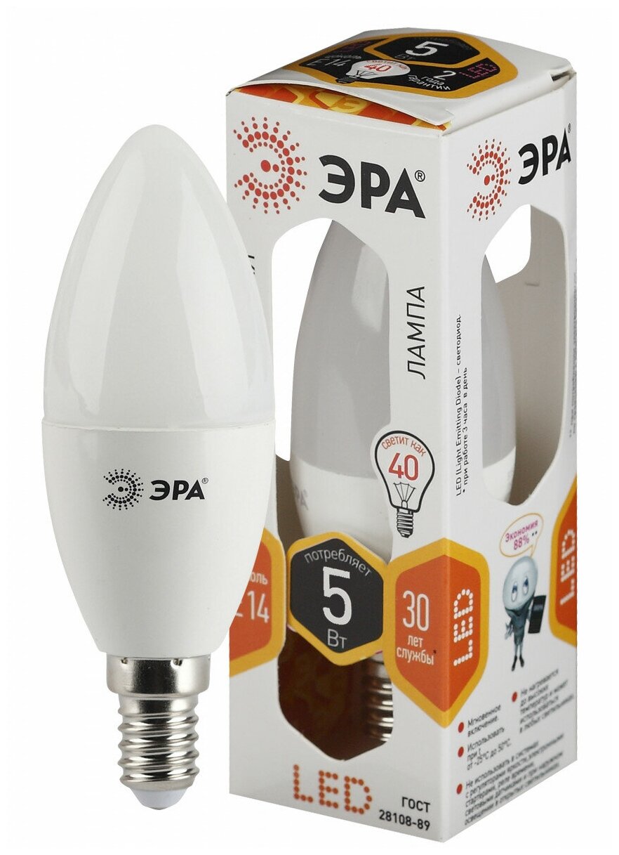 ЭРА LED B35-5W-827-E14 ЭРА (диод, свеча, 5Вт, тепл, E14) (10/100/3500)