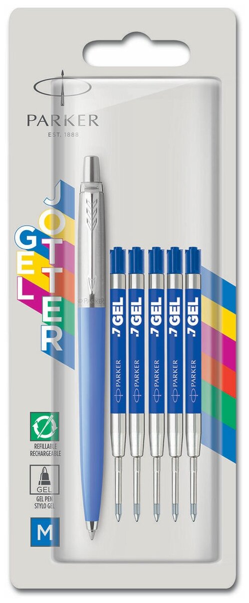 PARKER Ручка гелевая Parker Jotter плюс 5 гелевых стержней, линия письма – средняя, чернила черного цвета. Блистер. 0.7 мм 2141251 синие чернила Blue