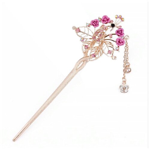 Купить Китайская шпилька для волос Павлин розовая 16см / Заколка для волос в китайском стиле / Канзаши для волос, -, розовый, металл