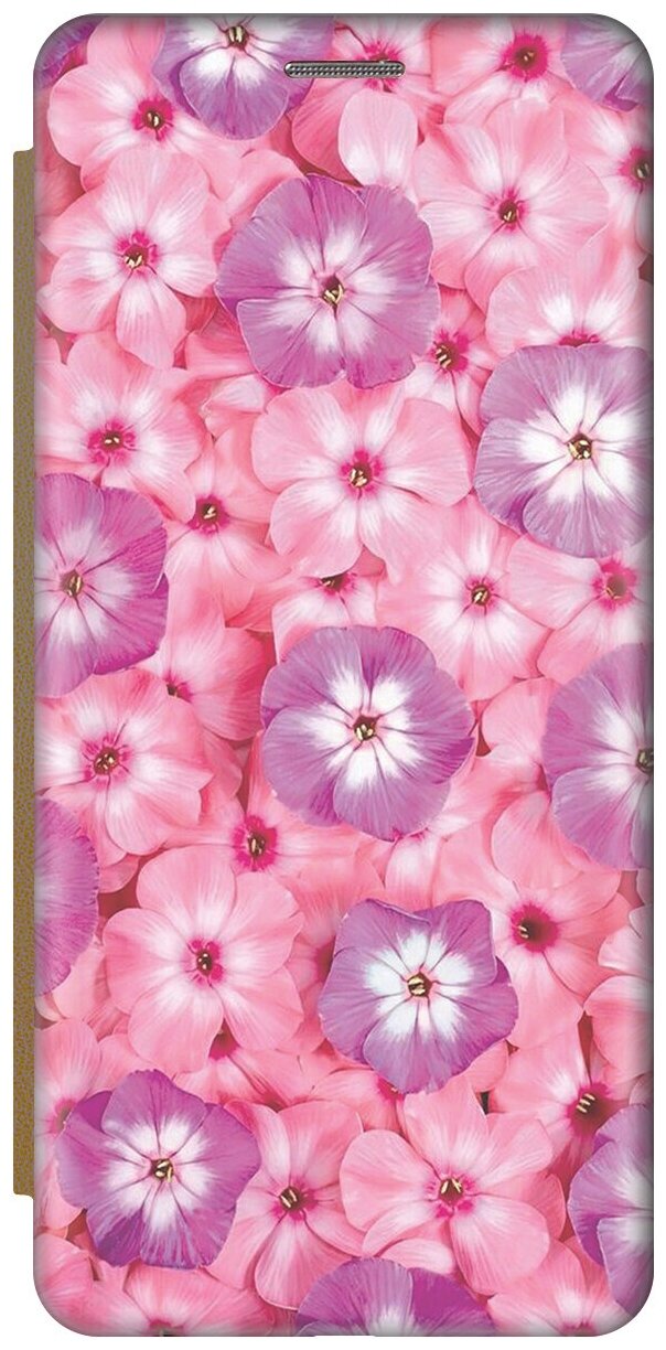 Чехол-книжка на Xiaomi Redmi 5, Сяоми Редми 5 c принтом "Розовые и фиолетовые филаки" золотистый