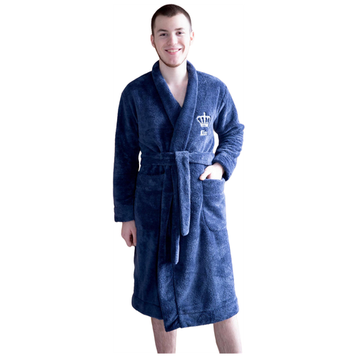 Мужской халат на запах с поясом King Синий размер 56 Велсофт Лика Дресс отложной воротник с карманами