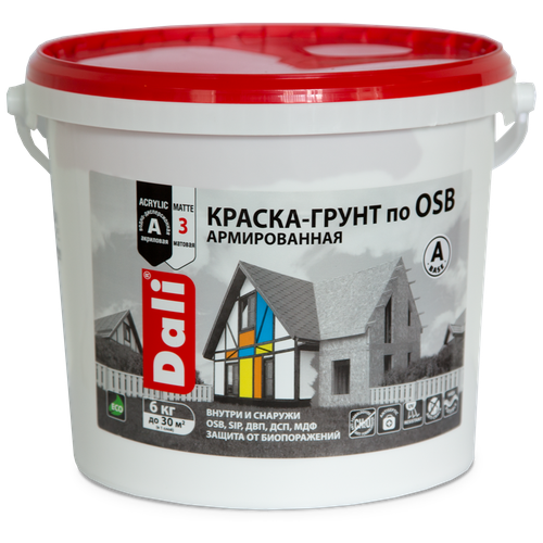 Краска акриловая DALI Краска-грунт по OSB матовая белый 6 л 6 кг краска акриловая dali краска грунт по osb влагостойкая моющаяся матовая бесцветный 3 кг