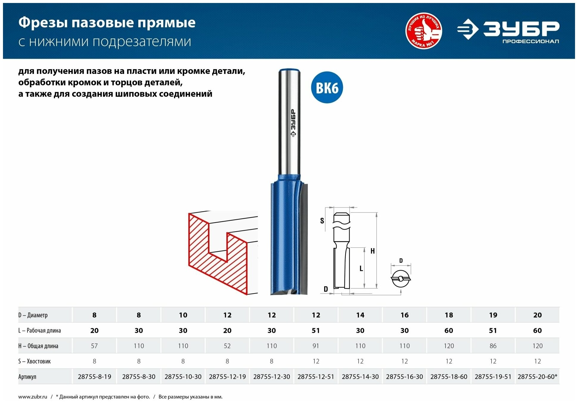 ЗУБР 20x60мм, хвостовик 12мм, фреза пазовая прямая с нижними подрезателями, серия Профессионал