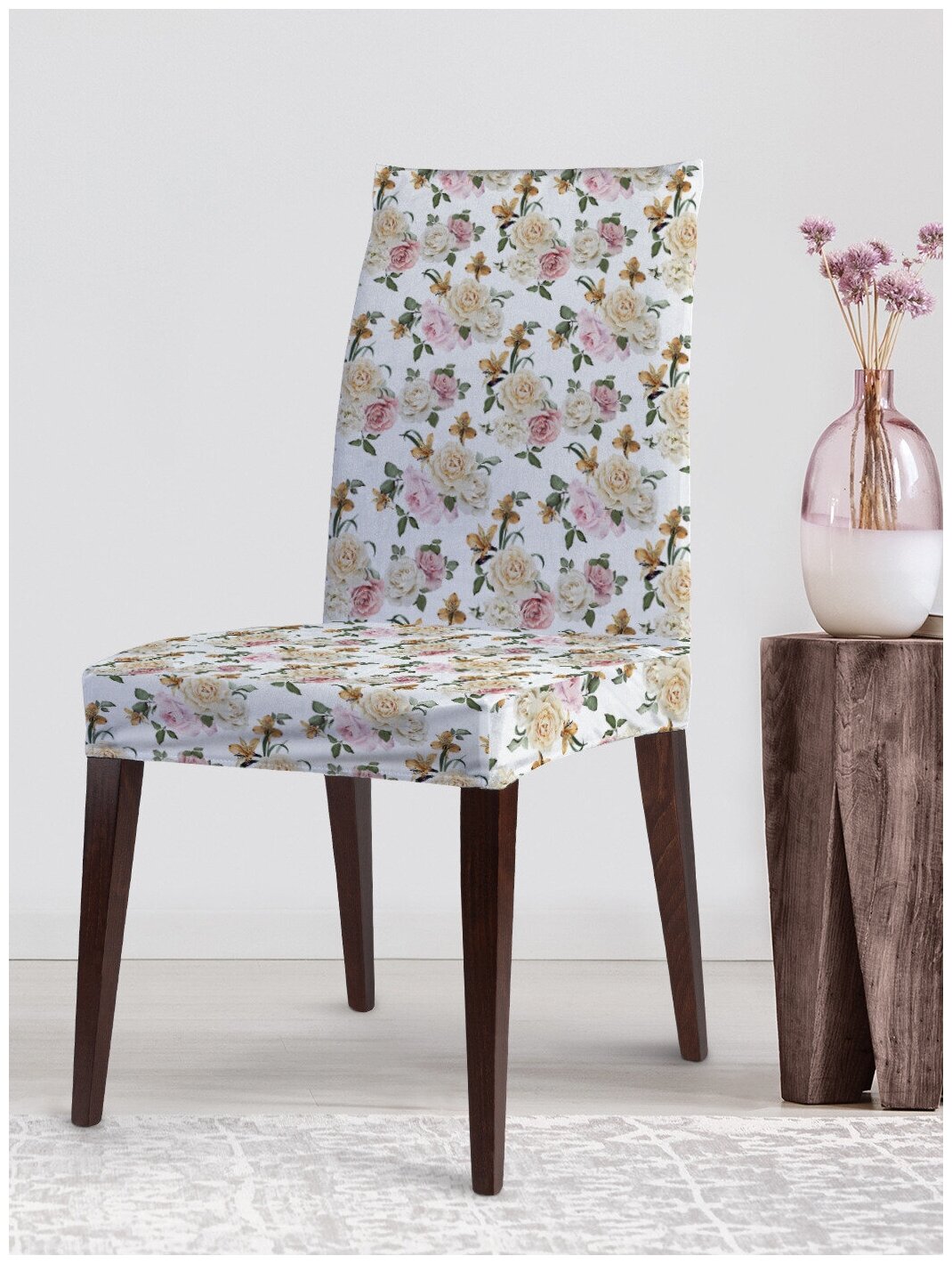 Декоративный чехол на стул JoyArty "Узор из роз" со спинкой велюровый