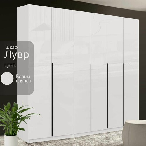 Изображение товара Шкаф распашной Лувр белый/белый глянец, 6-ти дверный, модульный, с доводчиками, 14-ю полками, штангой и 2-мя выдвижными ящиками, 240.2х50.6х221,6 см