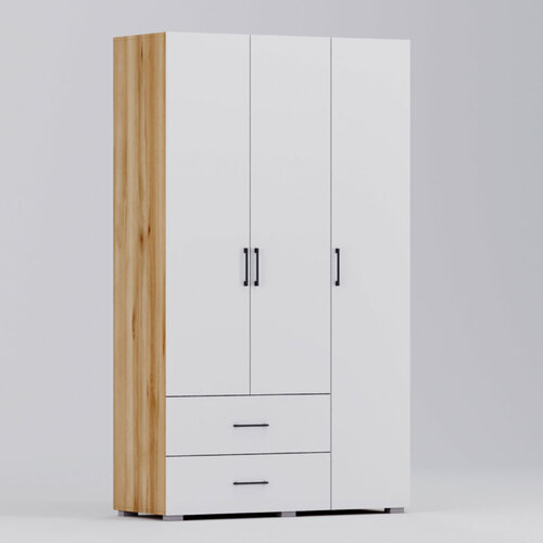 Шкаф Лайт 3-х дверный с ящиками крафт золотой/белый 120*48*205 с полками и штангой