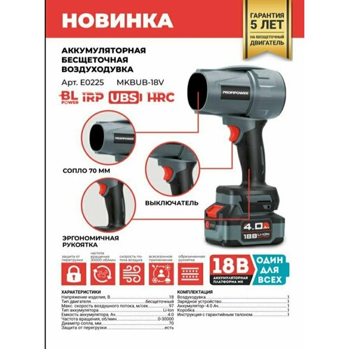 Аккумуляторная бесщеточная воздуходувка ProfiPower MKBUB-18V 5500₽