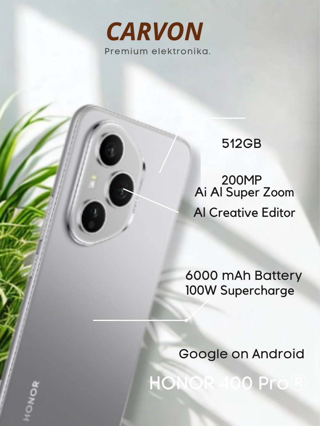 Смартфон Honor 400 Pro 5g, 12 ГБ/512 ГБ, AMOLED 120 Гц, IP68/69, защита от воды и пыли на глубине до 1,5 м в течение 30 мин Чипсет Qualcomm SM8650-AB Snapdragon 8 Gen 3, серый цвет + подарок Премиум-кошелек с разблокировкой по отпечатку пальца — фото 1