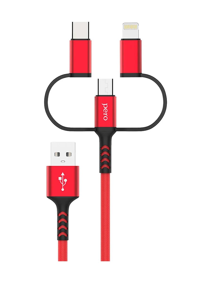 Кабель Pero DC-06 Universal 3 in 1 USB to USB-C/Apple Lightning/microUSB 1m Red
