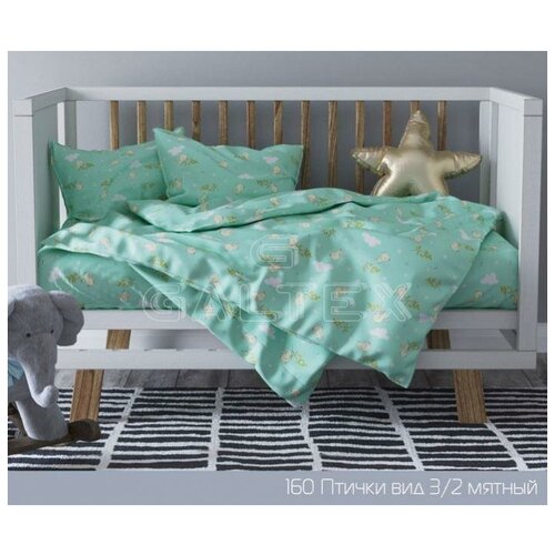 фото Кпб детский в детскую кроватку с наволочкой 40х60 птички. бирюзовый золотой лев