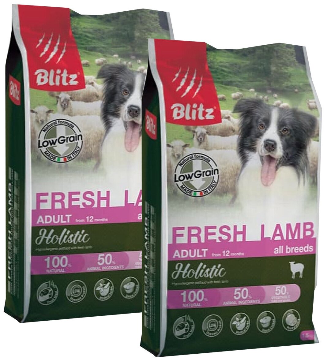 BLITZ HOLISTIC LOW-GRAIN ADULT FRESH LAMB низкозерновой для взрослых собак всех пород с ягненком (1,5 + 1,5 кг)