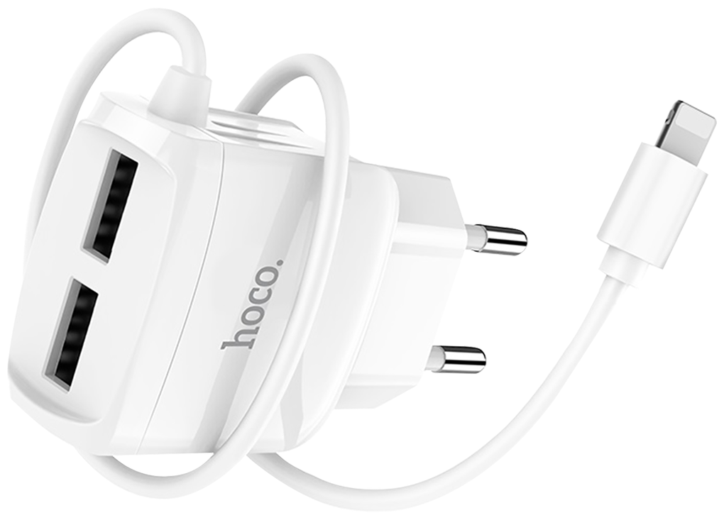 Сетевое зарядное устройство Hoco RC2, 2USB, 2.4A, встроенный кабель Lightning, белый - фото №2