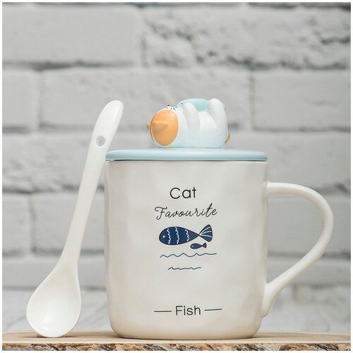 Кружка Котик с рыбкой Cat Favourite Fish 340 мл Эврика (N 3) с крышкой, ложкой детская, женская, подарочная 14 февраля, 8 марта