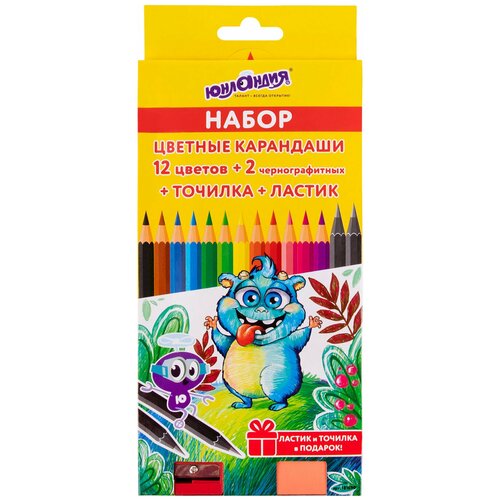 Карандаши цветные юнландия монстрик набор 12 цветов + 2 чернографитных карандаша + ластик + точилка заточенные шестигранные, 4 шт