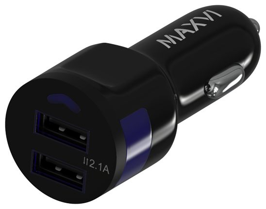 АЗУ Maxvi CCM-212 Plus T black 2.1A, 2xUSB, Type-C, цвет: черный, подсветка: синяя