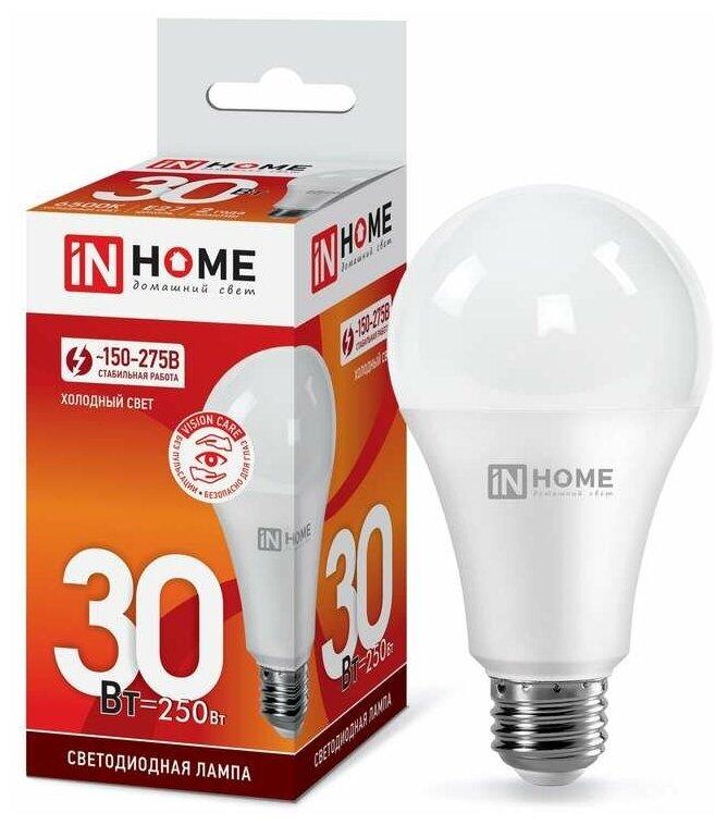 Лампа светодиодная IN HOME LED-A70-VC, Е27, 30 Вт, 230 В, 6500 К, 2700 Лм 5237487