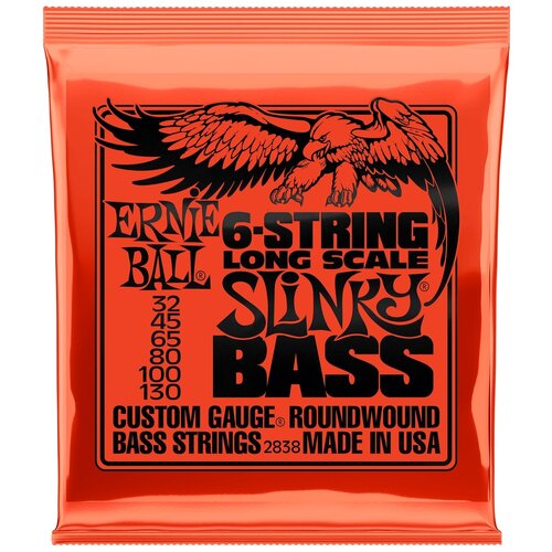 Комплект струн с никелированной навивкой Ernie Ball 2838 для 6-струнной бас-гитары ernie ball 32 130 super long scale slinky 2838