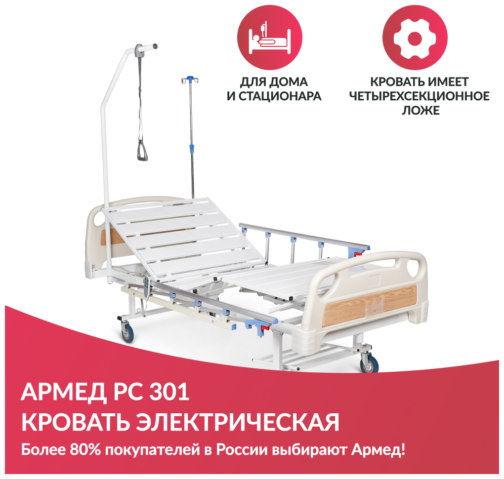 Кровать для лежачих больных медицинская Армед РС301 ( функциональная, электрическая, с регулировкой, секционная)