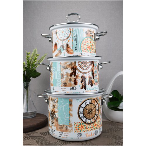 Набор эмалированных кастрюль Бохо-5-1-Элит (2,4л, 3,4л, 5,0л) / набор кастрюль / набор кастрюль эмалированных