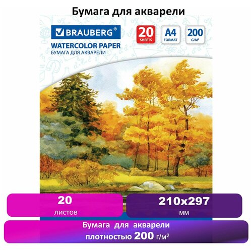 Бумага для акварели А4, 20 л, 200 г/м2, 210х297 мм, BRAUBERG, 