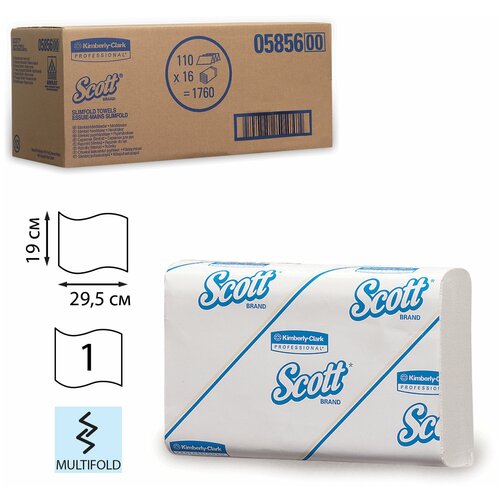 Полотенца бумажные 110 шт, KIMBERLY-CLARK Scott, комплект 16 шт, Slimfold, белые, 29,5х19 см, М-fold, диспенсер 601535, 5856 полотенца бумажные рулонные kimberly clark scott комплект 6 шт 304 м белые диспенсер 601536 6667 126122