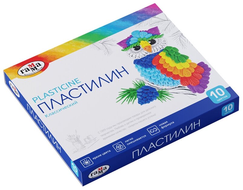 Пластилин Гамма "Классический", 10 цветов, 200г, со стеком, картон. упак.