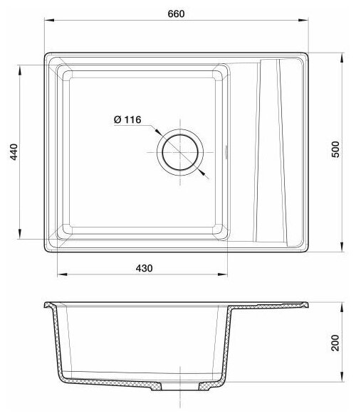 Мойка для кухни врезная 660*500 мм (графит) 660.309 ЭКО-М - фотография № 2