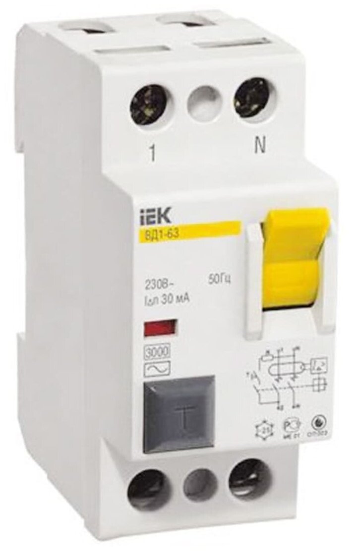 Выключатель дифференциального тока (УЗО) 2п 25А 30мА тип АС ВД1-63 ИЭК - фотография № 1