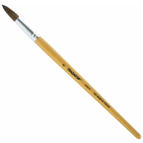 Кисть пифагор, пони, круглая, № 8, деревянная лакированная ручка, колпачок, пакет с подвесом, 200837