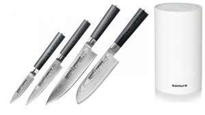 SD-0240КРБП Набор из 4-х кухонных ножей SAMURA овощного, универсального, Шефа, Сантоку и пластиковой подставки белого цвета