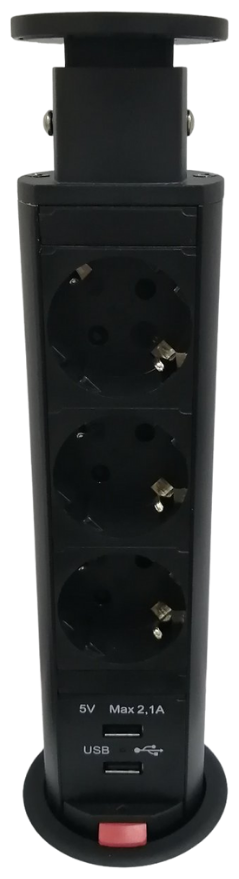 Блок розеток выдвижной вертикальный с 3 розетками и 2 USB, D=60мм, черный
