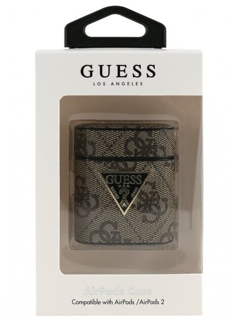 Чехол Guess 4G PU leather case with metal logo для Airpods 1/2, коричневый