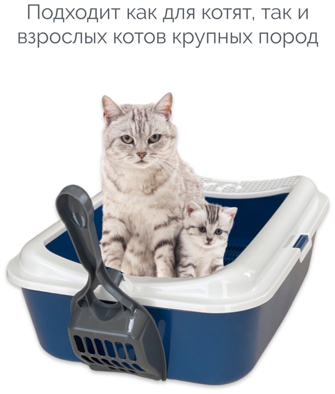 Туалет для кошек, лоток сеткой и совком, синий с белым бортом, 39х30х13,5 см - фотография № 4